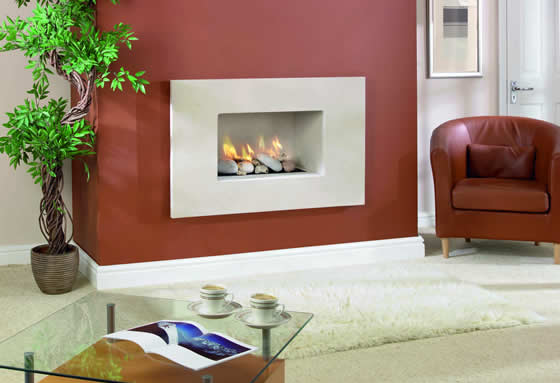 Hole in the wall limestone modern fireplace